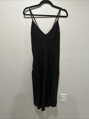 Black Midi Slip Dress with V-Neck and Double Spaghetti Straps
